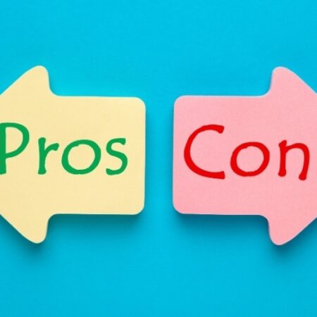 Annuity pros and cons for retirees shown with two arrow signs labeled pros and cons