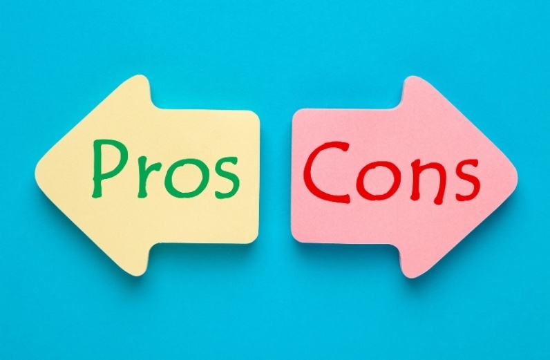 Annuity pros and cons for retirees shown with two arrow signs labeled pros and cons