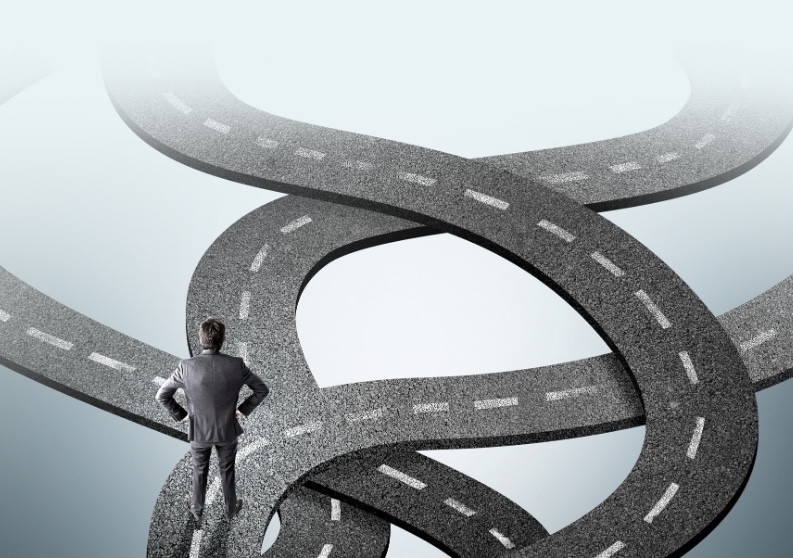 Retirement income planning decision with investments, Social Security, and annuities represented by winding roads