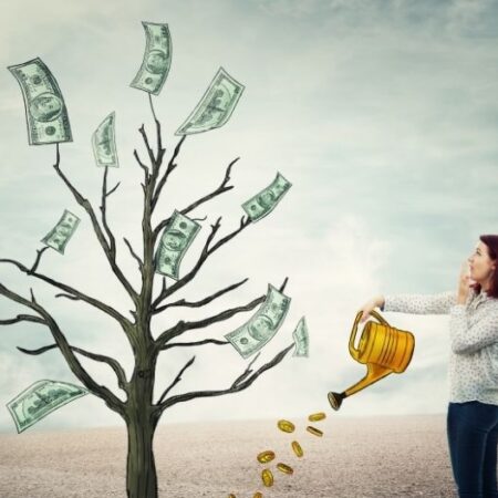 Woman watering a tree that grows money, symbolizing growing retirement savings and strategic RMD planning to maximize tax efficiency.